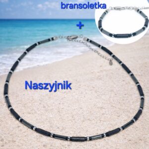 Naszyjnik męski + bransoletka komplet z kamieni naturalnych z Lawy Hematytu ze stali chirurgicznej 316l