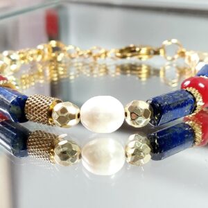 Bransoletka z Kamieni Lapis Lazuli i Perły Stal 316L 17cm-Labellafashion