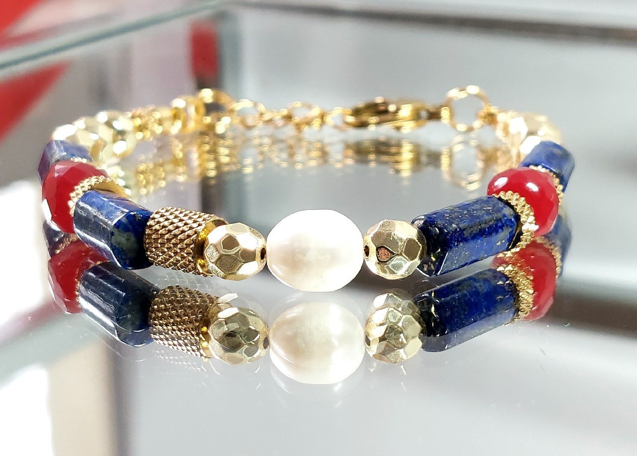 Bransoletka z Kamieni Lapis Lazuli i Perły Stal 316L 17cm-Labellafashion