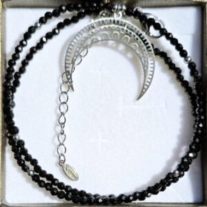 Unikatowy naszyjnik z kamieni naturalnych- Lunula Księżyc, talizman Spinel 3 mm kamień czarny stal 316l rękodzieło na prezent-Labellafashion