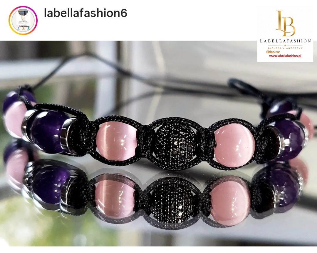 Bransoletka damska kula cyrkonie kamienie naturalne Ametyst Kwarc-labellafashion
